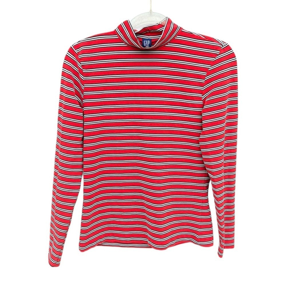 Vintage Gap Stripe Mock Neck Long Sleeve Top 90s Red Black White Stretch Large